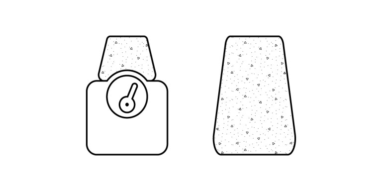 A simple black and white drawing shows a bathroom scale with a dial on the left and a textured rectangular weight on the right, both outlined against a white background, evoking tools used in concrete testing.