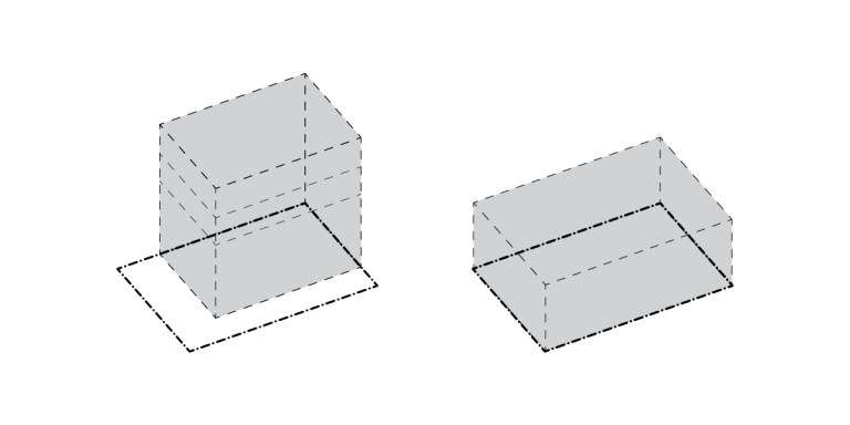 Two transparent rectangular prisms with dashed outlines are shown, illustrating concepts like Floor Area Ratio (FAR). The upright left prism has its base slightly offset to the lower left, while the right one lies flat with its base offset to the lower front.