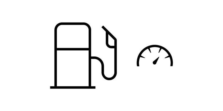 A simple black and white line drawing of a fuel pump with a hose, next to a gauge with a needle pointing to the right, symbolizing fuel as one of the key energy sources.