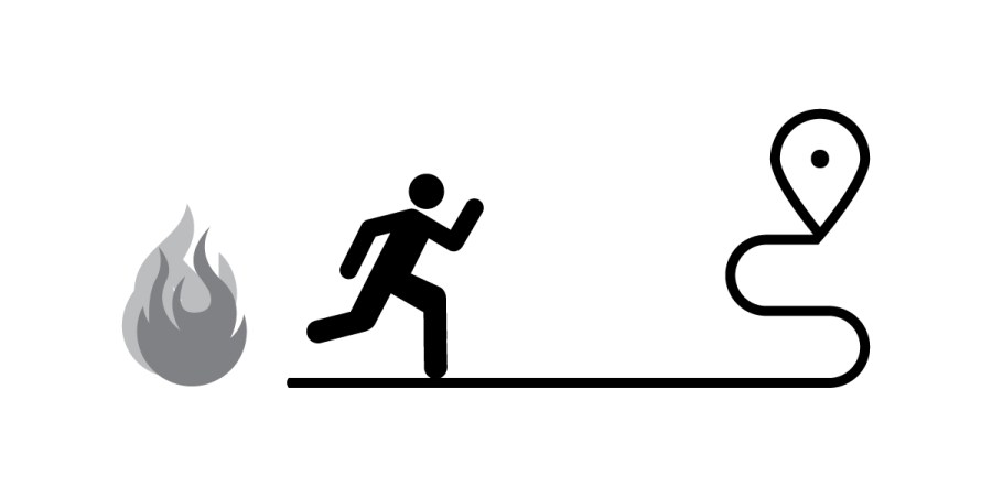 A simplified graphic shows a person running away from a fire icon toward a map marker at the end of a winding path, highlighting the importance of Life Safety in Fire Protection planning.