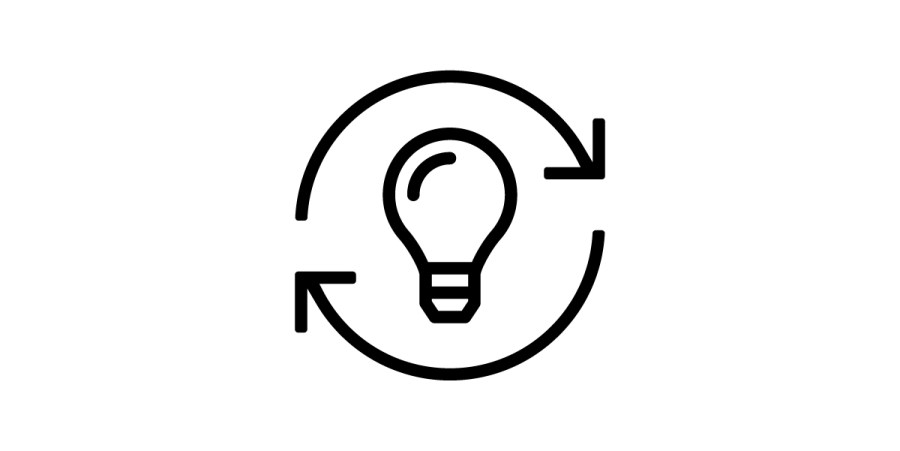 A simple black outline of a light bulb inside a circular arrow loop, symbolizing ideas, innovation, energy recovery, or continuous improvement. The background is white.