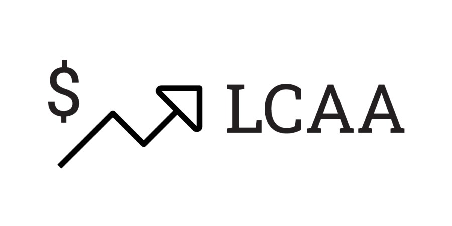 A black dollar sign, an upward-trending zigzag arrow, and the letters LCAA in bold font on a white background, symbolizing cost assessment or Life Cycle Cost Assessment.