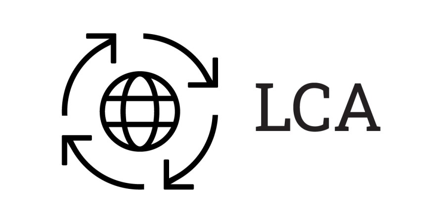 A black outline of a globe surrounded by four curved arrows forming a circle, symbolizing Life Cycle Assessment (LCA), with the bold uppercase letters LCA to the right of the image, all set against a white background.