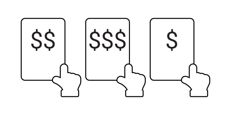 Three cards, each with a hand pointing at them, illustrate different bid amounts—two dollar signs, three dollar signs, and one dollar sign—representing stages of the bidding process.
