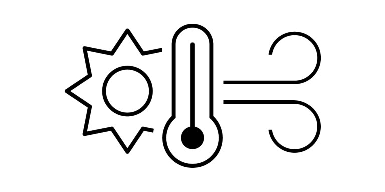 A simple black outline icon featuring a sun, a thermometer, and two curved lines for wind on a white background. The elements suggest a weather or Climate Regions theme.