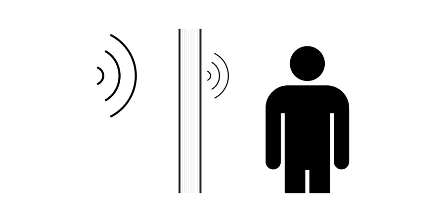 A simple illustration shows sound waves of varying frequency on one side of a vertical barrier and a person icon on the other, indicating how sound passes through or around the barrier to reach the person.