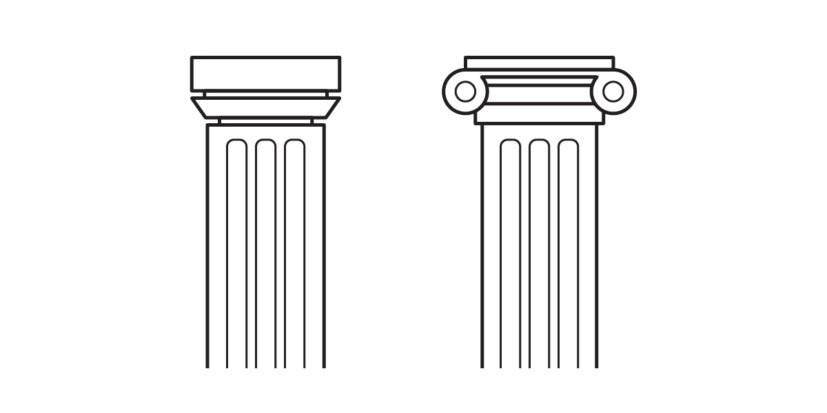 A simple black and white line drawing of two classical columns, ideal for historic preservation references. The column on the left has a plain capital, while the one on the right features a capital with spiral volutes.