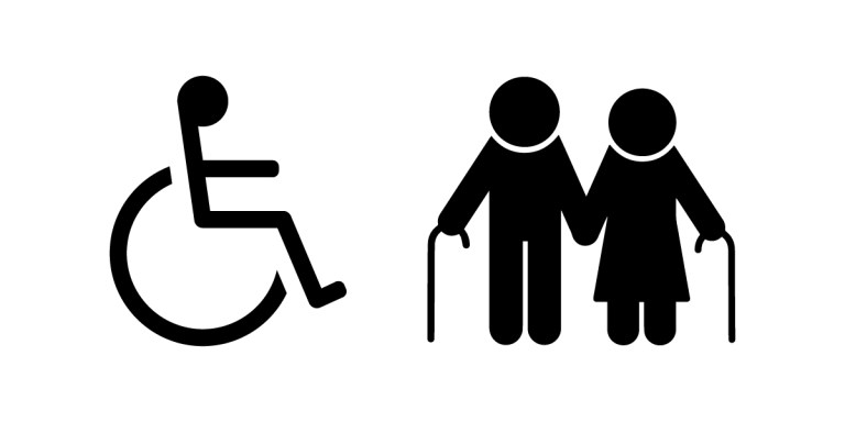Black wheelchair accessibility icon on the left and two stick figures with canes, one wearing a skirt, holding hands on the right, represent Universal Design and Aging In Place on a white background.