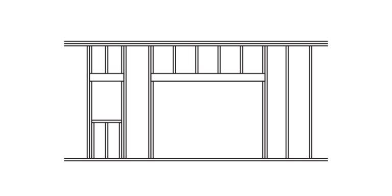 Black and white line drawing of a wood framing wall with studs, a large central opening, and smaller framed sections on the left side. Horizontal and vertical lines indicate the structure for sheathing materials.