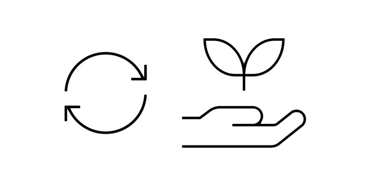 A black line drawing of a circular arrow on the left and a hand holding a sprouting plant on the right symbolizes materials sustainability, all set against a white background.