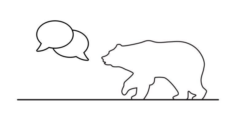 black and white line drawing showing a bear with conversation bubbles, symbolizing the discussions at the ahwahnee hotel