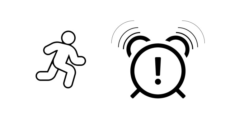 A simple line drawing shows a person running toward a ringing alarm clock with an exclamation mark in the center, emphasizing urgency—ideal for illustrating alerts in security or communication systems.