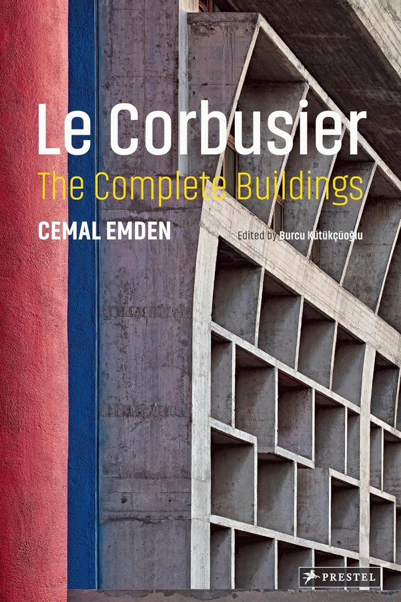 Book cover for Le Corbusier: The Complete Buildings by Cemal Emden, edited by Burcu Kütükcüoğlu, featuring a striking concrete facade with geometric patterns and a vertical red and blue wall—an ideal pick for Architect Gifts or Student Gifts.