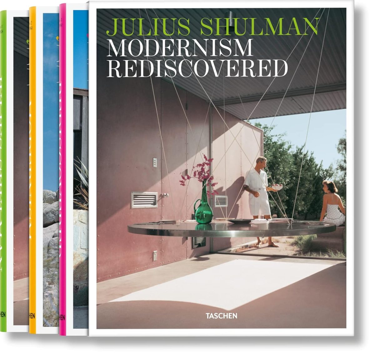 A stack of books is shown, with the front book titled Julius Shulman: Modernism Rediscovered. Perfect for student gifts or architect gifts, its cover features a modernist outdoor setting with two people and a round suspended table.