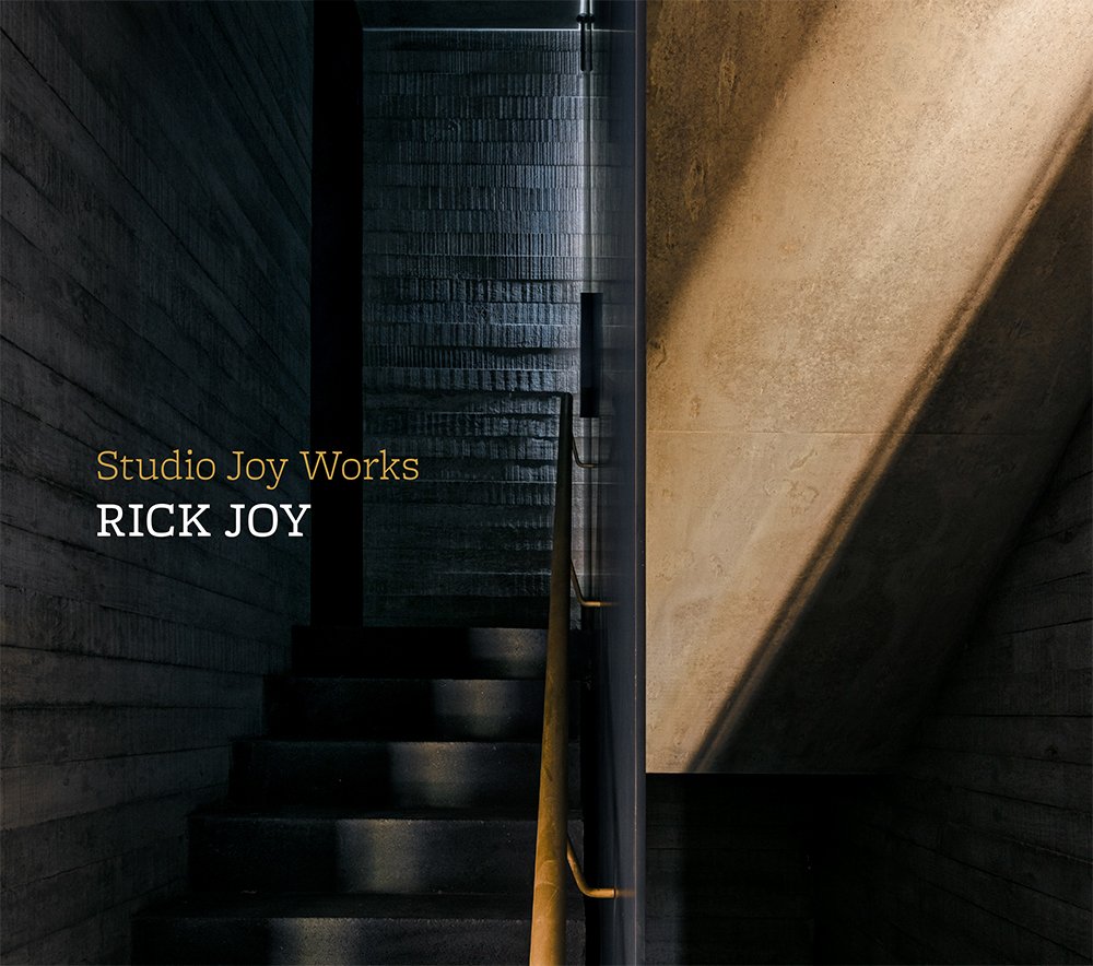A dimly lit staircase with concrete walls is shown, with sunlight casting shadows. Ideal for Architect Gifts, the text reads Studio Joy Works RICK JOY in the left-center of the image.