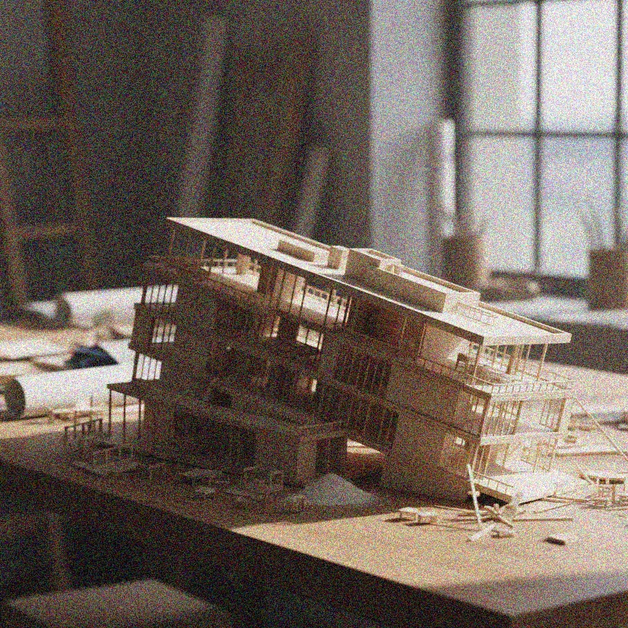 A small, detailed architectural model of a modern multi-story building sits on a table, slightly tilted. The surrounding area is cluttered with miniature structures and tools in a softly lit workspace.