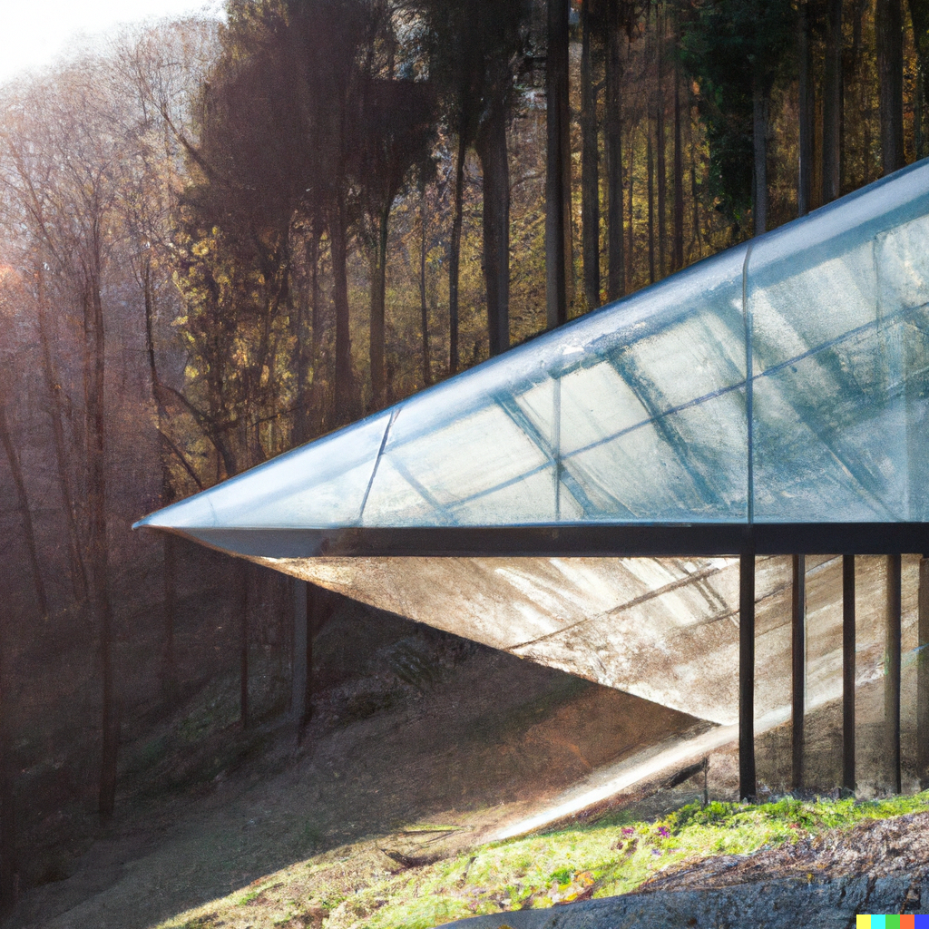 A modern glass building with an angular roof showcases innovative architecture as it stands on stilts in a wooded area. Sunlight filters through the trees, casting shadows on the structure and ground below.