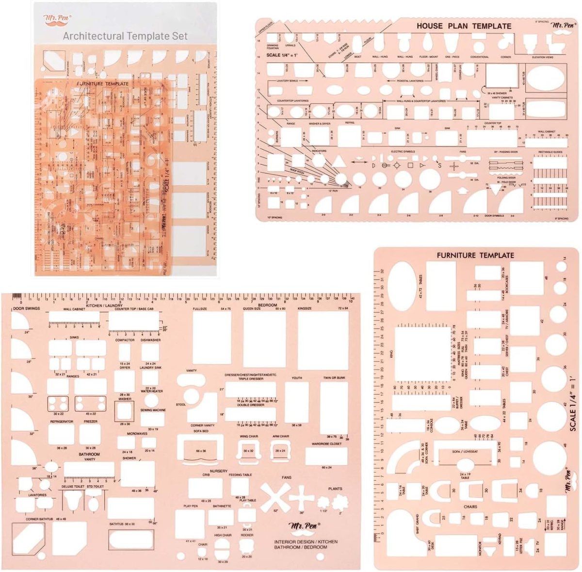 Four peach-colored plastic architectural template rulers are shown, each with cutouts for shapes like circles, rectangles, furniture, and house plan elements—labeled for interior design and drafting. A perfect pick for Architect Gifts or Student Gifts.