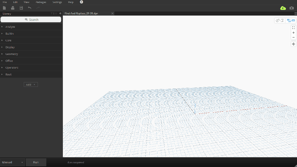 A computer screen displays a 3D modeling software interface with a grid on the main workspace, running Dynamo. The left panel shows a library menu with categories, while the top bar offers file, Find and Replace, and settings options.