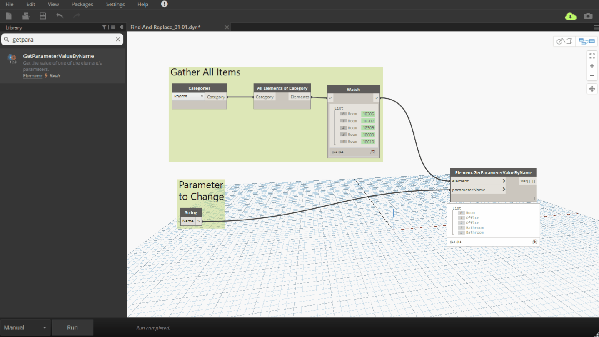 A screenshot of a Dynamo workspace shows nodes and connections: Gather All Items collects data from categories and elements, while Parameter to Change defines a string parameter, both linked to the Element.SetParameterByName node—ideal for Find and Replace tasks with this Dynamo plugin.