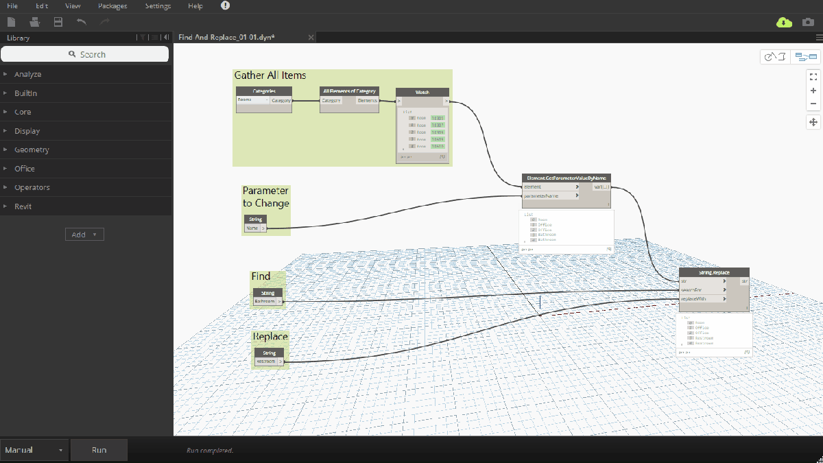 Screenshot of the Dynamo visual programming interface showing a workspace where nodes and connectors are arranged to perform a Find and Replace operation, with menus and tools clearly visible on the left and top bars.