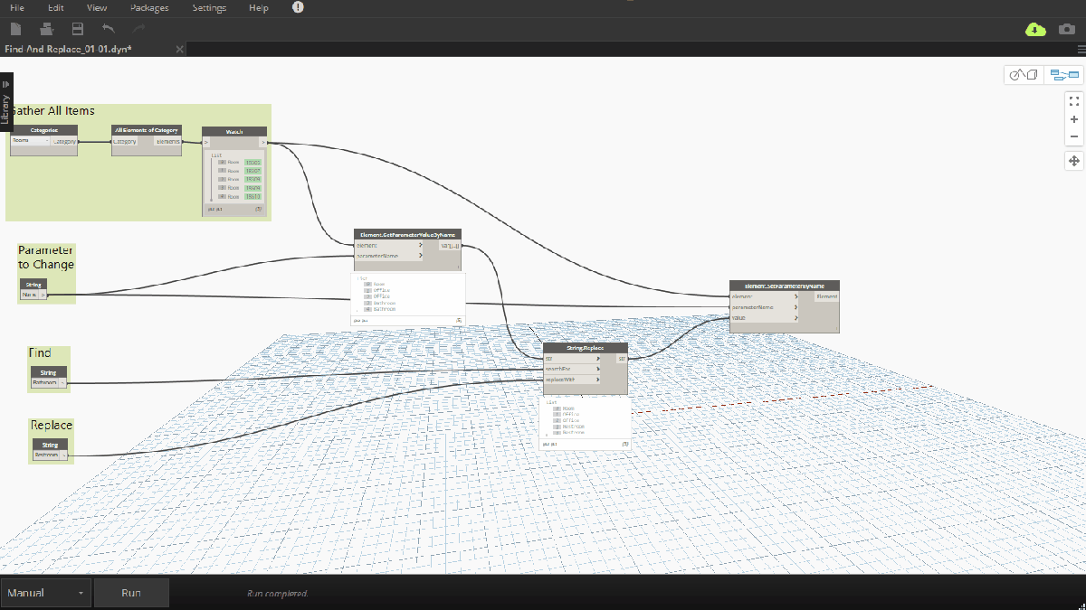 Screenshot of a Dynamo visual programming environment showing nodes and connecting lines. The workspace highlights Find and Replace operations with nodes like Gather All Items, Parameter to Change, Find, Replace, and String.Replace.