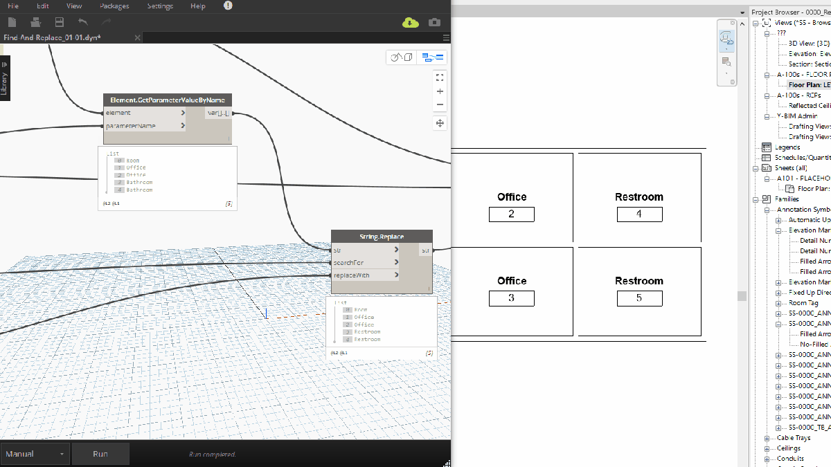 A computer screen displays a Dynamo script on the left and a sheet with four labeled room tags (Office and Restroom) on the right. The Dynamo panel shows nodes for Find and Replace operations related to room names and numbers.