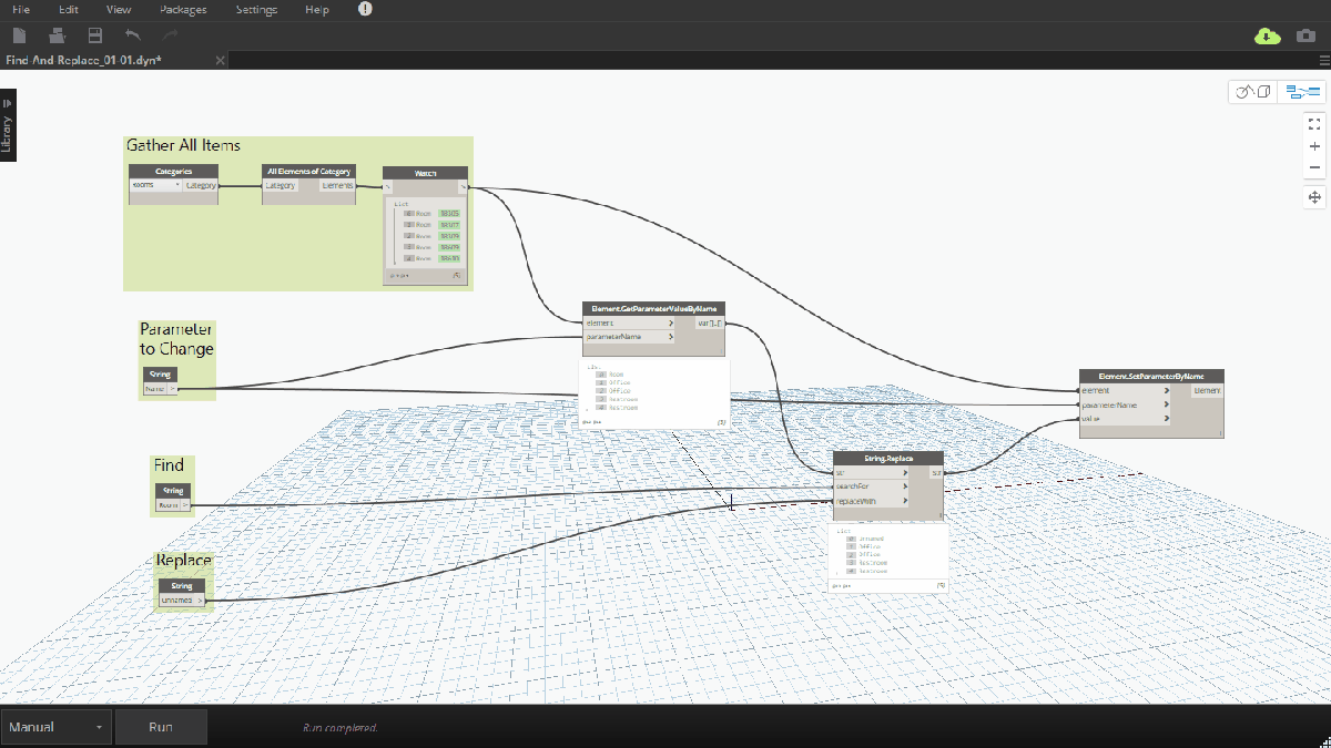 A screenshot of a Dynamo visual programming workspace, featuring the Find and Replace nodes from a popular Dynamo plugin. Nodes labeled Gather All Items and Parameter to Change are connected on a grid background, with the Run button displayed at the bottom.