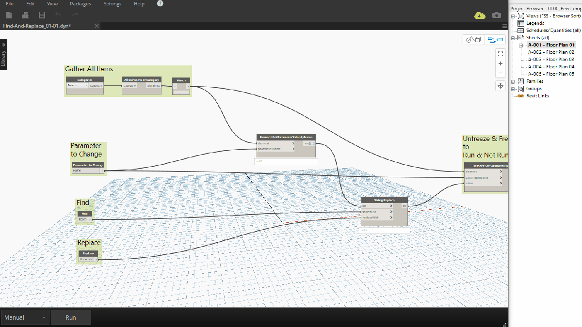 Screenshot of a Dynamo visual script displaying nodes and connectors used to Find and Replace parameters in Revit elements, with a list of floor plan views visible on the right panel.