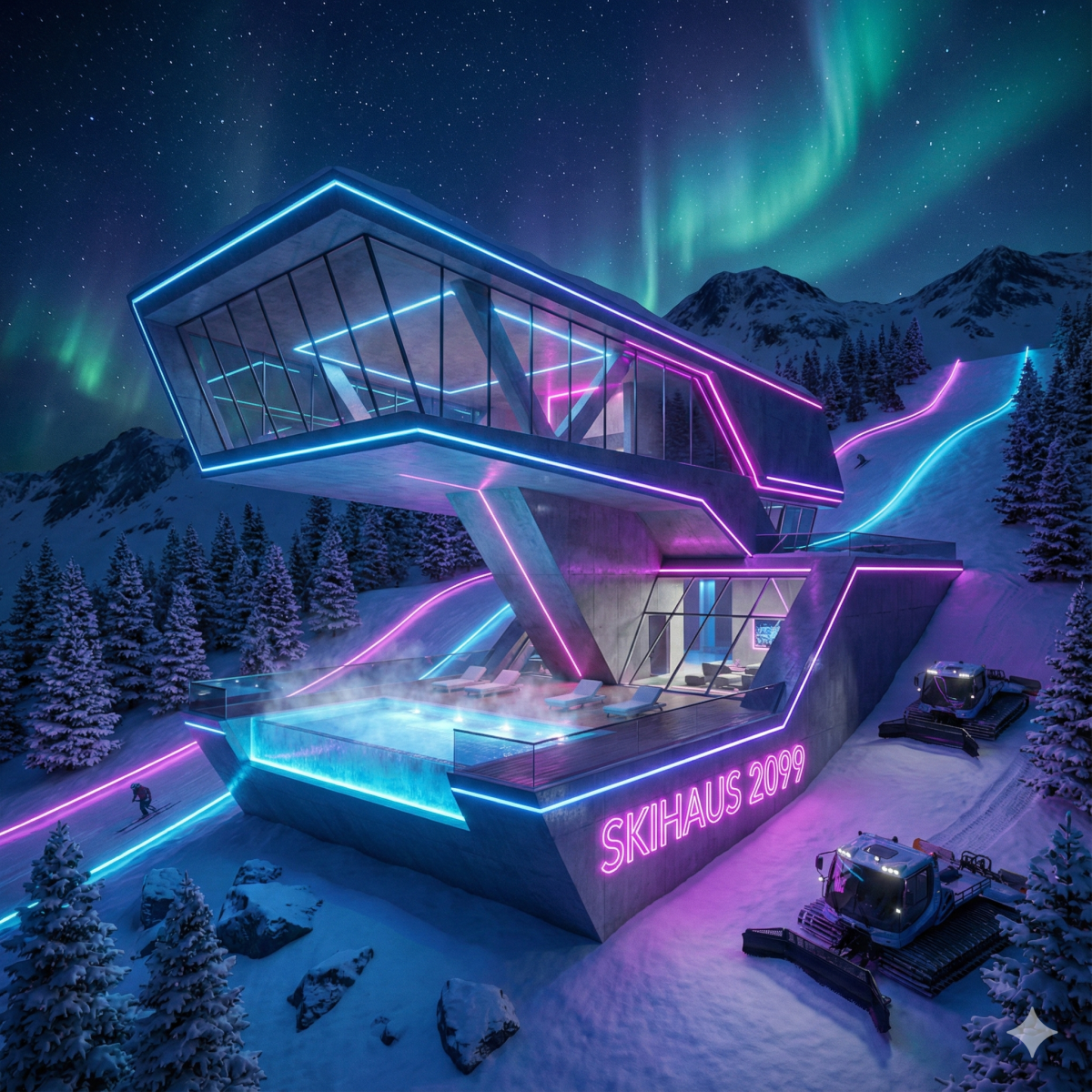 A modern, angular ski lodge labeled SKIHAUS 2099 features futuristic AI-driven architecture, illuminated by vibrant blue and pink neon lights, nestled among snowy trees and mountains beneath the aurora borealis, with snow grooming vehicles nearby.