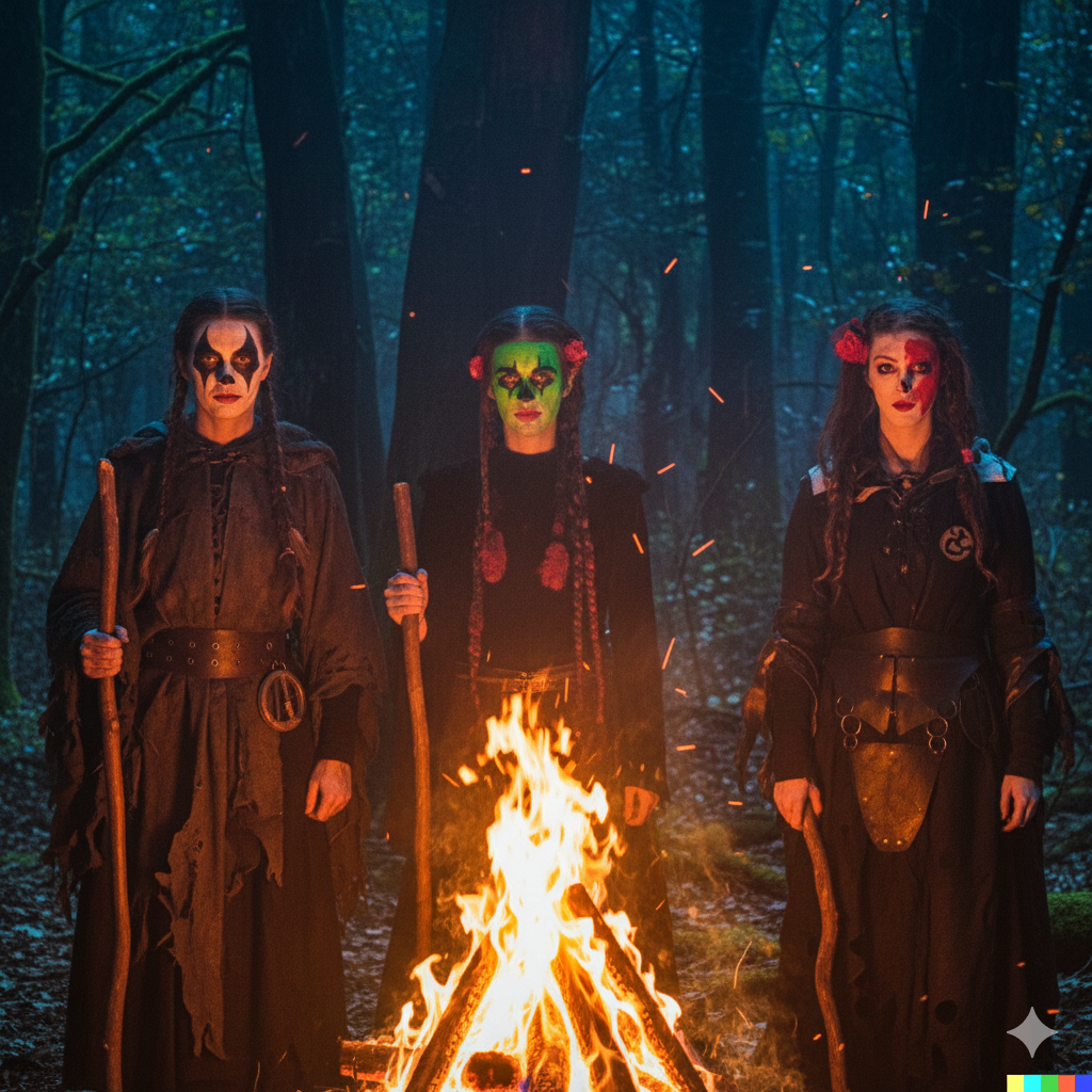 Three people in dark robes with painted faces stand around a campfire in a forest. The scene, enhanced by AI, features dim lighting and trees emerging through a misty, blue-toned atmosphere.