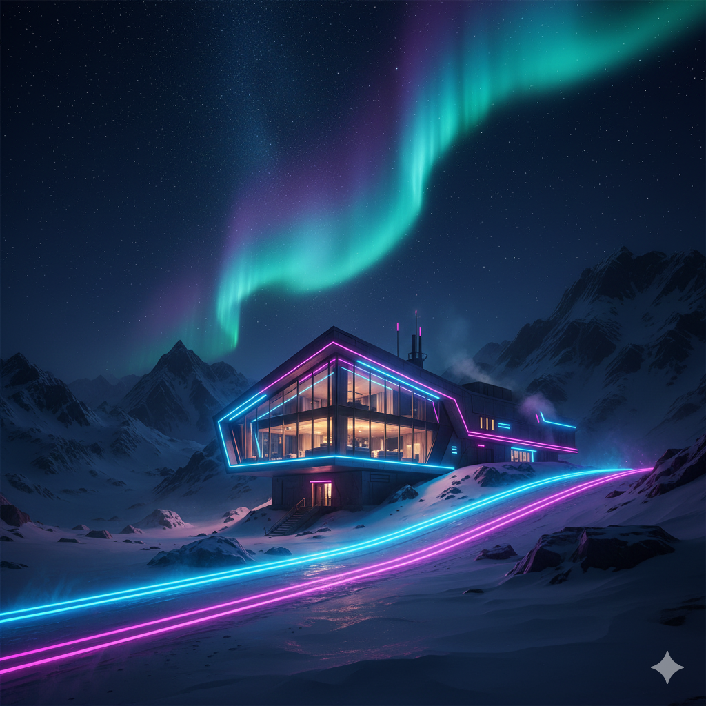A modern work of architecture outlined in blue and pink neon lights stands in a snowy mountain landscape at night, with the northern lights glowing green and purple above, creating a scene as futuristic as an AI-powered State of the Union.