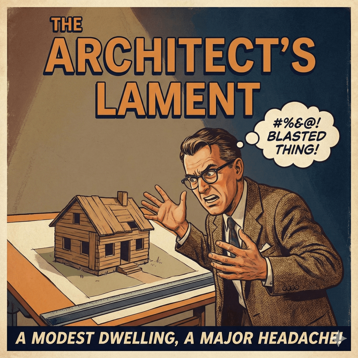 An architect in glasses gestures in frustration at a scale model of a house on a table. A speech bubble shows him exclaiming, “#%&@! Blasted thing!” Text reads: The Architect’s Lament—When architecture becomes a State of the Union headache!.