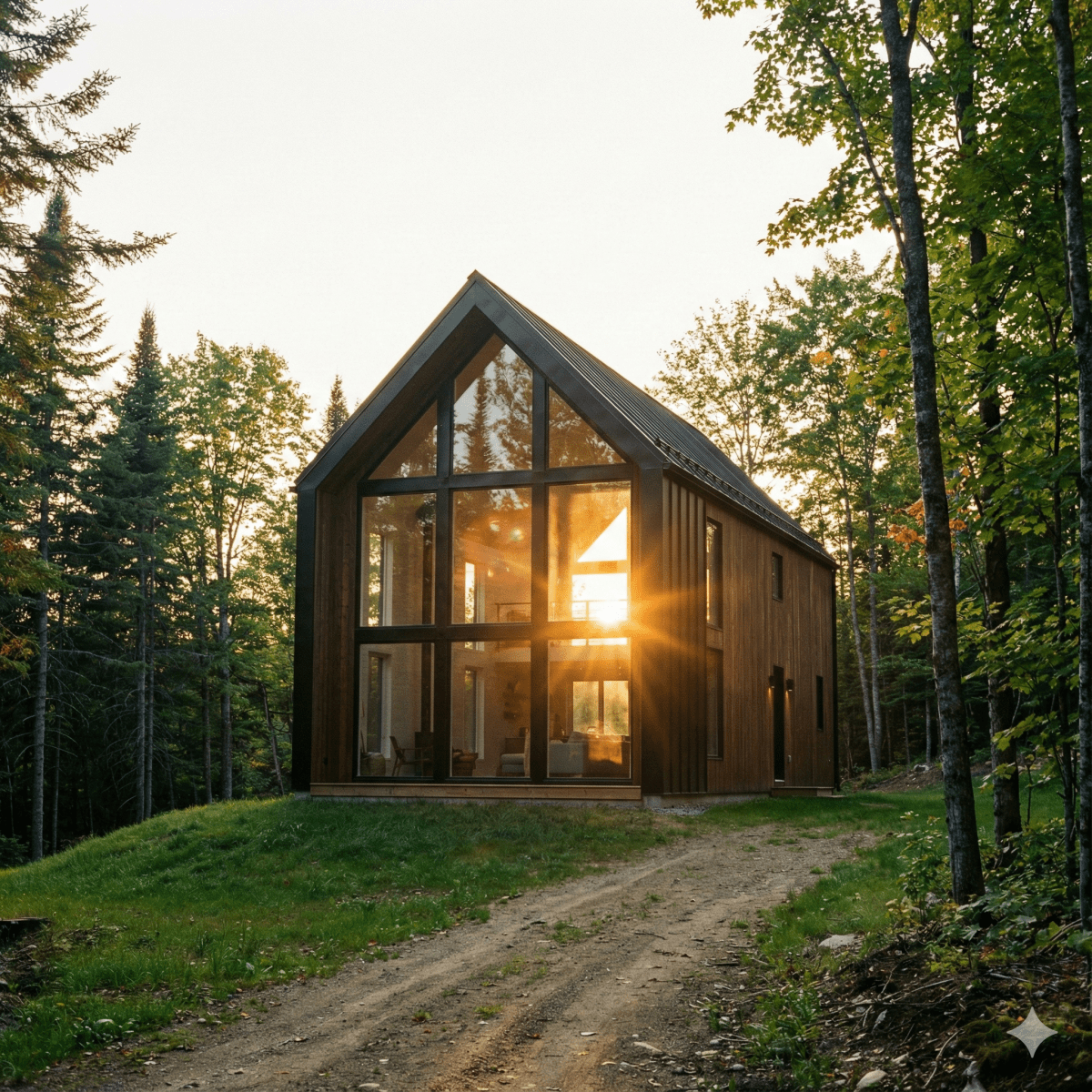 A modern A-frame house with striking architecture and large glass windows stands surrounded by trees at sunset, with sunlight streaming through the windows and illuminating the interior. A dirt path leads up to the house through the grassy clearing.