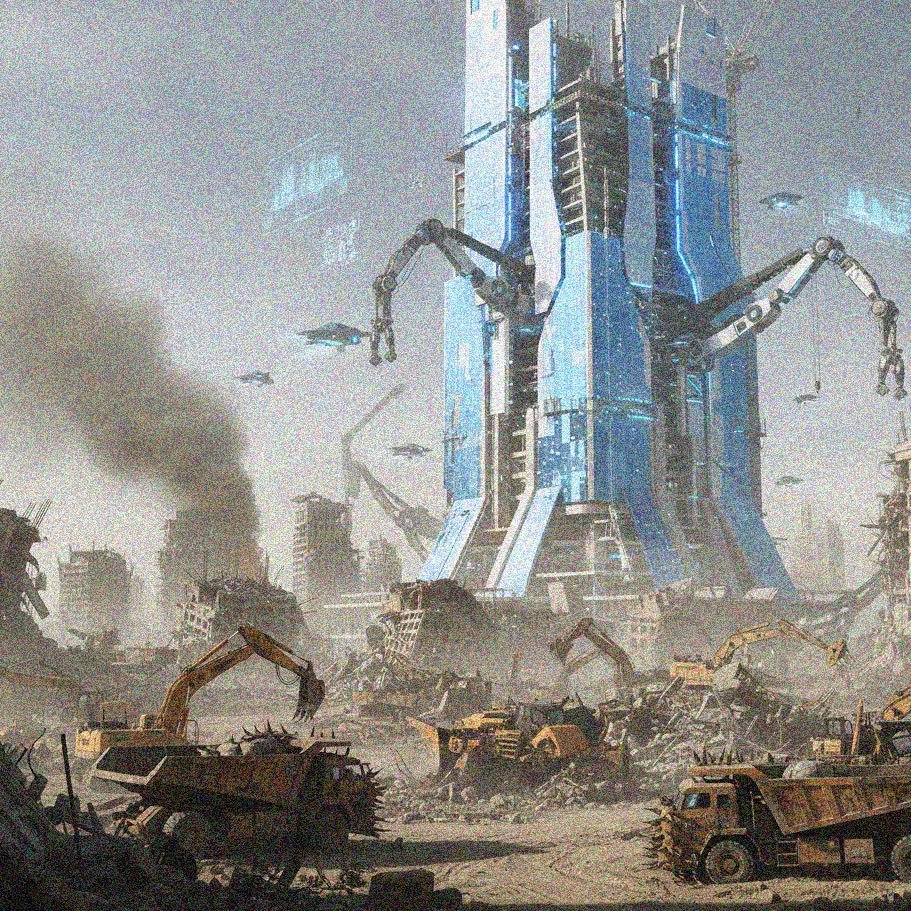 A futuristic, blue tower with mechanical arms stands amid a smoky, rubble-filled landscape. Flying vehicles circle above, while construction machinery operates among ruined buildings in the foreground.
