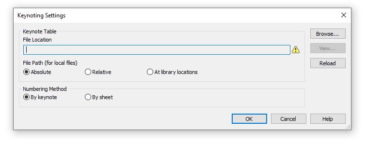 A screenshot of the Keynoting Settings dialog box in Revit, displaying options to set Keynotes file location, file path, and numbering method, with buttons for Browse, Reload, OK, Cancel, and Help.