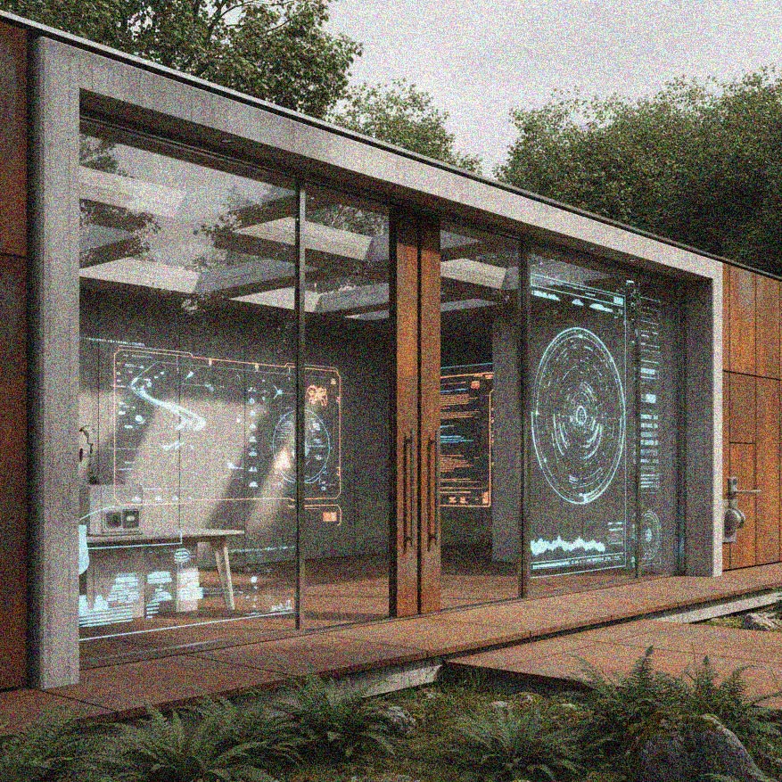 A modern glass-walled building with digital interfaces and holographic displays inside, showcasing circular charts and graphics about media policy. Trees rise in the background while ferns frame the scene in the foreground.