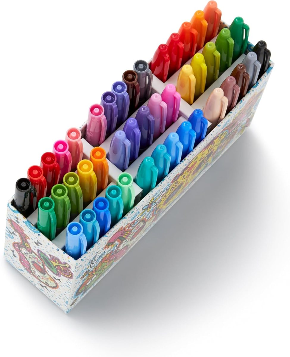 A rectangular box holds 36 colorful markers arranged in three rows. Each marker is capped, and the box features decorative, multicolored designs—perfect for student gifts or as a creative highlight in any holiday gift guide.