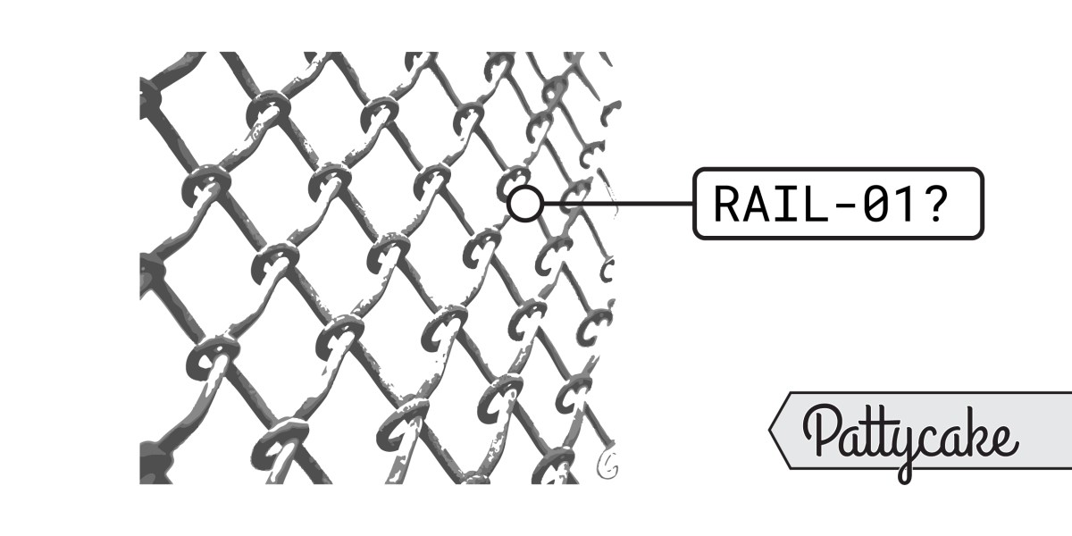 A close-up of a chain-link fence is shown. One link is highlighted with a label reading RAIL-01? and the word Pattycake appears in stylized text at the bottom right corner, referencing custom railing pattern documentation.