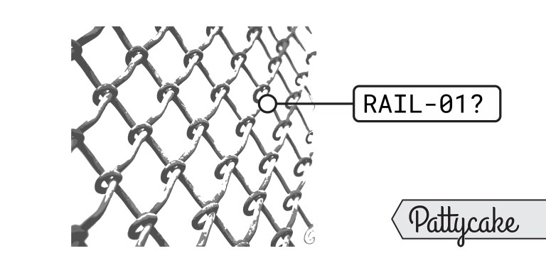 A close-up of a chain-link fence is shown. One link is highlighted with a label reading RAIL-01? and the word Pattycake appears in stylized text at the bottom right corner, referencing custom railing pattern documentation.