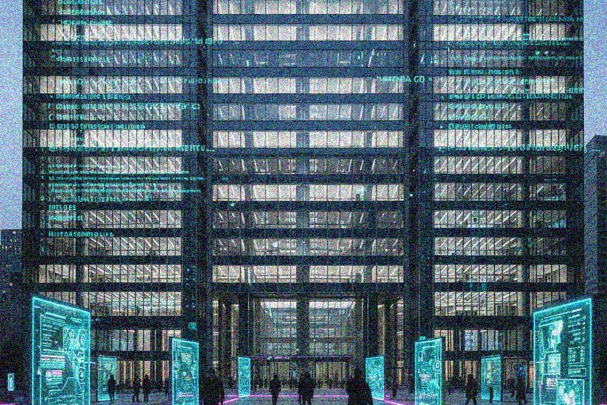 A modern glass office building at dusk with people walking in front. Digital holographic screens display Service Agreement and Terms of Service overlays, enhancing the futuristic, high-tech atmosphere.